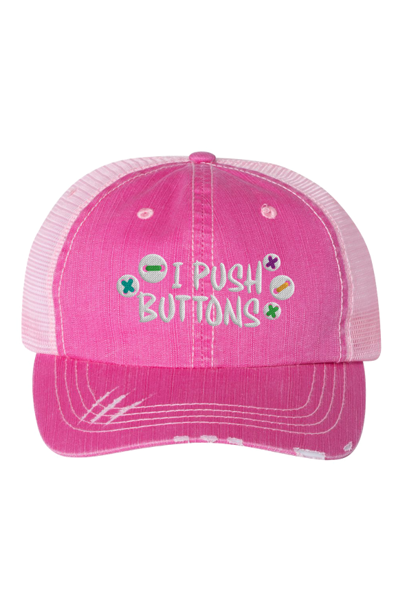 Women's Embroidered I Push Buttons Distressed Baseball Cap, Pink