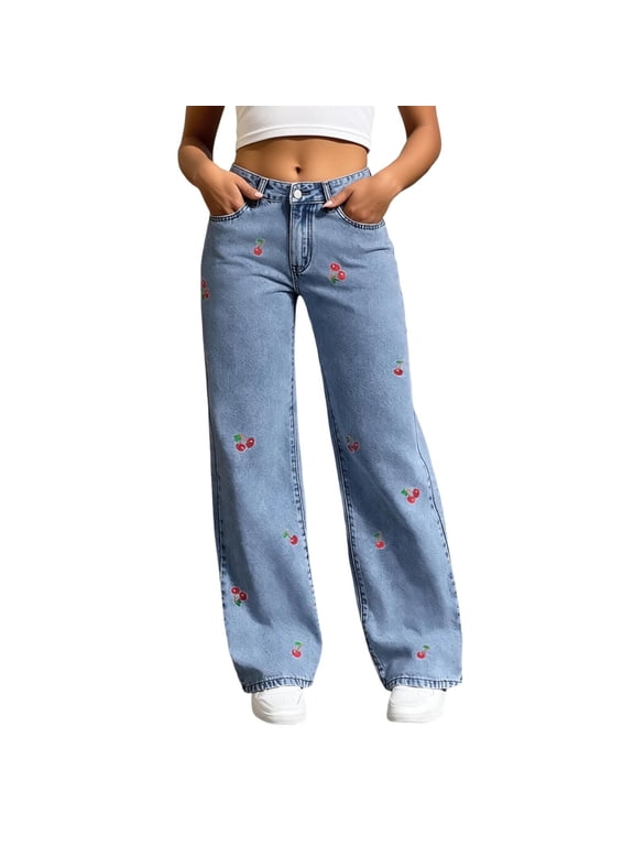 Women's Embroidered Jeans - High Waisted Distressed Flared Pants with Cherry Embroidery Y2K Wide Leg Denim Trousers Boyfriend Style Casual Summer Trendy(Blue/M)