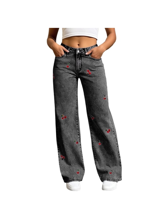 Women's Embroidered Jeans - High Waisted Distressed Flared Pants with Cherry Embroidery Y2K Wide Leg Denim Trousers Boyfriend Style Casual Summer Trendy(Grey/M)