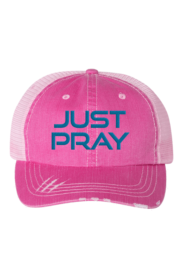 Women's Embroidered Just Pray Distressed Baseball Cap, Pink