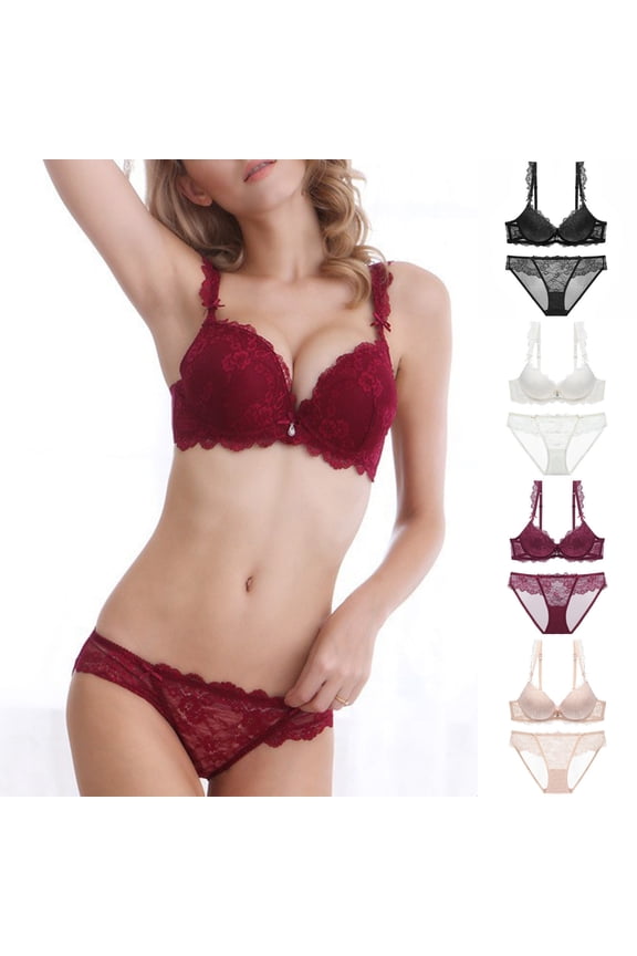 Women's Embroidered Lace Bra Thong Set Underwear High Elasticity Comfortable Daily Wear Black,L