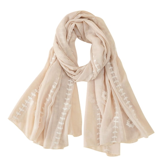 Women's Embroidered Linen Cotton Scarf, Thin and Plain Solid Color Long Fashion Scarf for Bohemian Style, Layering, and Year-Round Accessories Beige