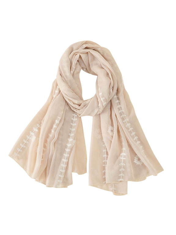 Women's Embroidered Linen Cotton Scarf, Thin and Plain Solid Color Long Fashion Scarf for Bohemian Style, Layering, and Year-Round Accessories Beige