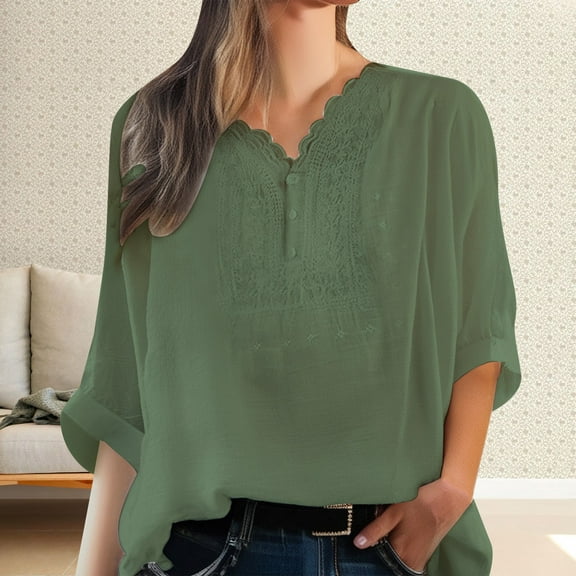 Women's Embroidered Linen Shirt 3/4 Sleeve Loose Fit Boho Style Top for Summer Casual Wear