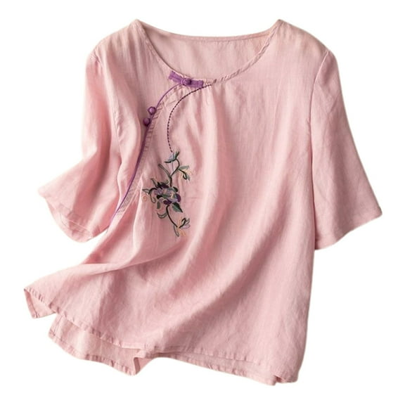 Women's Embroidered Loose Fit Linen Short Sleeve T-Shirt Casual Bohemian Literary Top Comfortable Breathable Summer Blouse