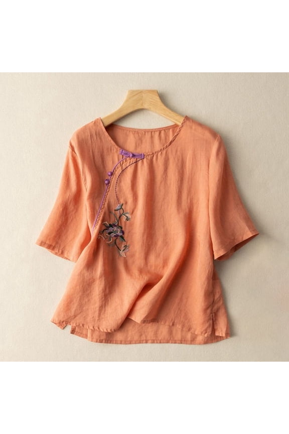 Women's Embroidered Loose Literary Vintage and Linen Short Sleeved Top T Shirt Women Loose Long Sleeve Shirts Apparel T Shirt Spandex Long Sleeve Shirt Women Tech Sleeve Women's Shirt Womens