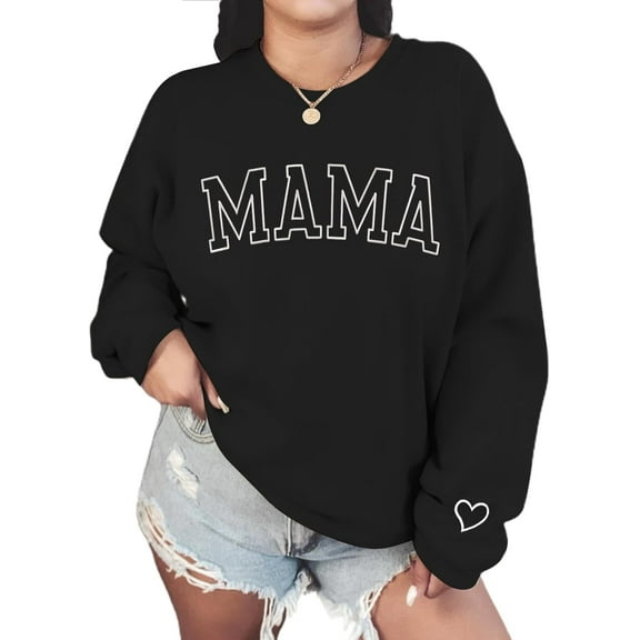 Women’s Embroidered Mama Sweatshirt, Casual Crewneck Long Sleeve Pullover Mom Shirt