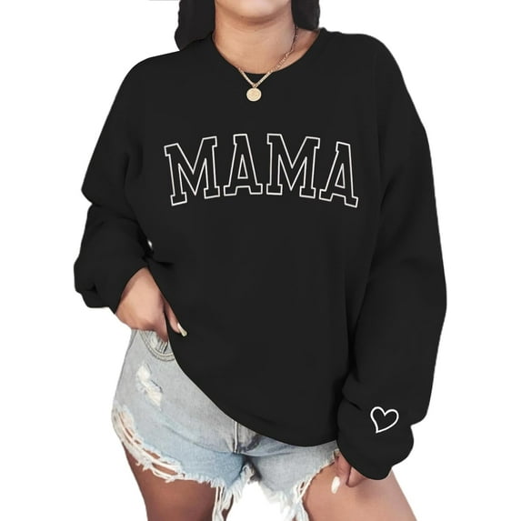Women’s Embroidered Mama Sweatshirt, Casual Crewneck Long Sleeve Pullover Mom Shirt