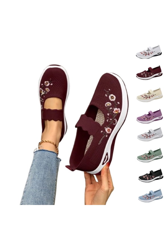 Women's Embroidered Mesh Casual Shoes Breathable Knit Walking Flat Loafers for Nurse Travel Slip On Mary Jane Work,Red,41