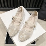 Womens Embroidered Mesh Mary Jane Flats Buckle Strap Square Toe Ballet Flat Chic Pearls Ballerina ShoesBeige