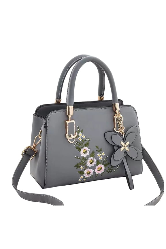 Women's Embroidered Satchel Top Handle Purses and Handbag Ladies Lightweight Totes Crossbody Shoulder Bags Gray