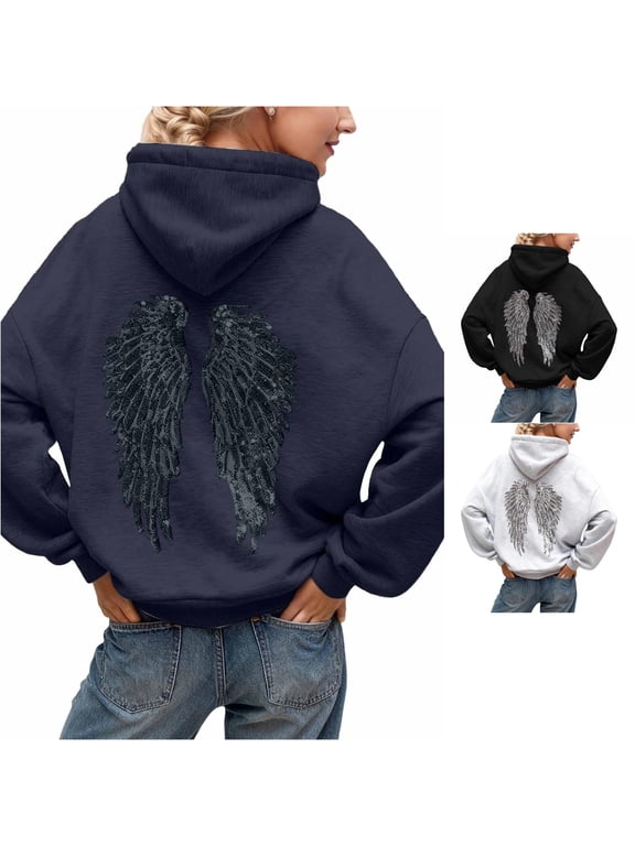 Women's Embroidered Sequin Wing Hooded Sweatshirt Pullover