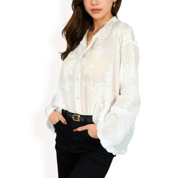 Women's Embroidered Sheer Blouse with Scalloped Hem and Button-Up Design- White,One Size Fits Most