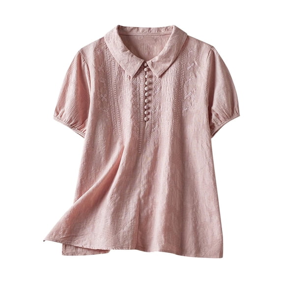 Women's Embroidered Shirts Loose Button Collared Cotton Linen Tops Plus Size Jacquard Summer Casual Elegant Blouses M-3XL, Pink, XXL