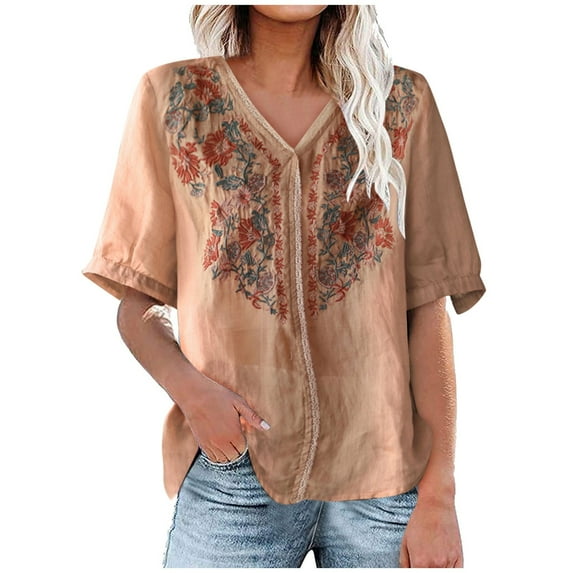Women's Embroidered Short Sleeve V Neck T Shirts Summer 2025 Casual Vintage Tops Coffee,2XL