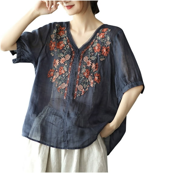 Women's Embroidered Short Sleeve V Neck T Shirts Summer 2025 Casual Vintage Tops Navy,2XL