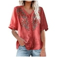 thumbnail image 1 of Women's Embroidered Short Sleeve V Neck T Shirts Summer 2025 Casual Vintage Tops Red,XL, 1 of 4