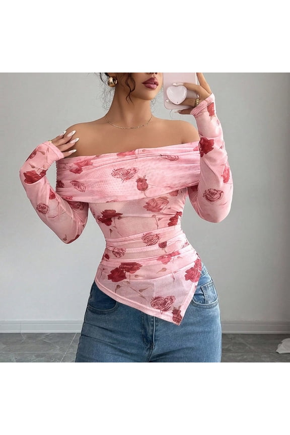 Women's Embroidered Off The Shoulder Top Casual Solid Color Blouse Shirt Summer Fashion Breathable Lightweight Loose Fit Beach Vacation | CSEONE,Pink XL