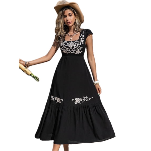 Women's Embroidered Square Neck Ruffle Hem Dress with 60% viscose Fabric for Silky Draping and Lightweight Comfort