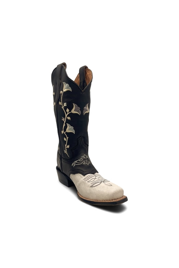 Women’s Embroidered Square Toe Calf Hair Boots Mid Calf Low Heel