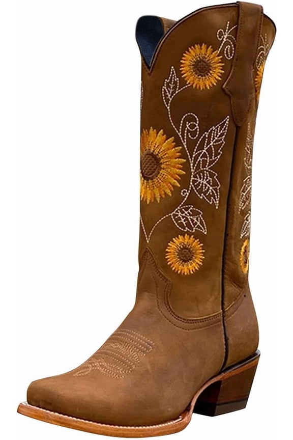Women's Embroidered Sunflower Mid Calf Boots - Low Heel Western Style Booties | Easy-On wear Design for Casual Retro Fashion
