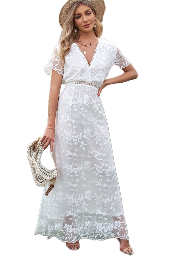 Women's Embroidered Surplice Neck Maxi Dress with Flutter Sleeves and A Line Hem Fabric 95% Polyester 5% Spandex
