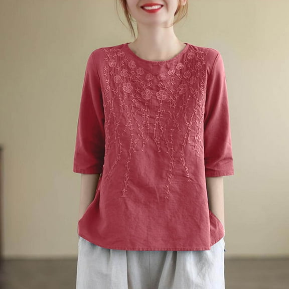 Women’s Embroidered Tops Cotton Linen Tunic Blouse 3/4 Sleeve Loose Fit Casual Floral Vintage Shirt