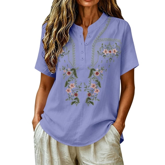 Women's Embroidered Tops Floral Tunic V Neck Short Sleeve T Shirt Summer Casual Tops Peasant Tunic Loose Blouse QURATI