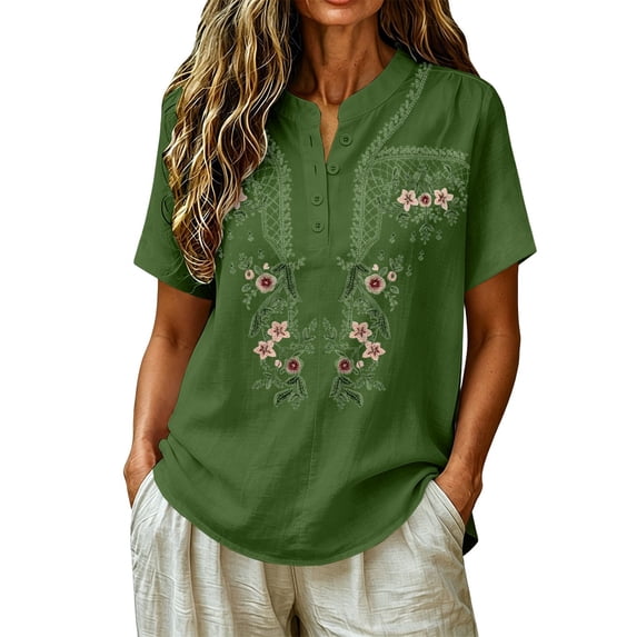 Women's Embroidered Tops Floral Tunic V Neck Short Sleeve T Shirt Summer Casual Tops Peasant Tunic Loose Blouse QURATI
