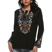 Womens Embroidered Tops Mexican Shirt V Neck Summer Casual Tops Peasant Tunic Loose Blouse