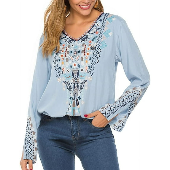 Women's Embroidered Tops Mexican Shirt V Neck Summer Casual Tops Peasant Tunic Loose Blouse