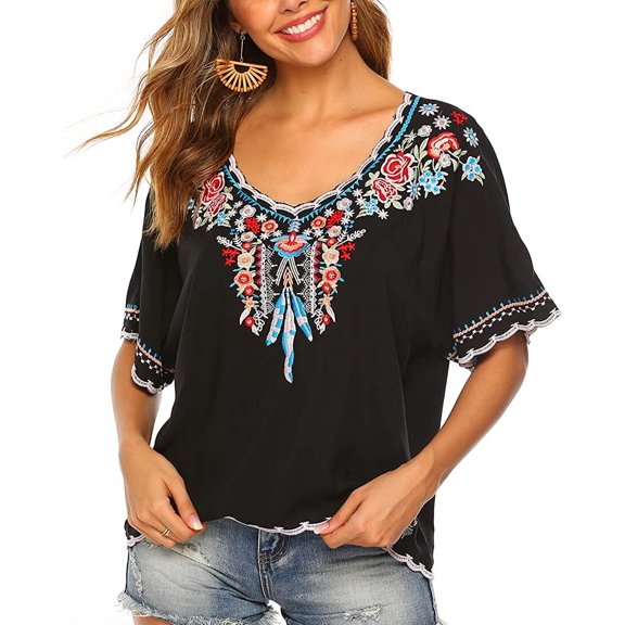 Women's Embroidered Tops Short Sleeve Shirts Traditional Pattern of Feathers and Flowers Ethnic Style Blouse