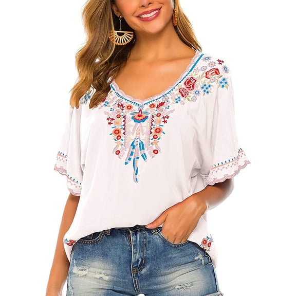 Women's Embroidered Tops Short Sleeve Shirts Traditional Pattern of Feathers and Flowers Ethnic Style Blouse