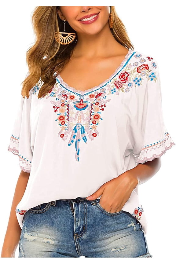 Women's Embroidered Tops Short Sleeve Shirts Traditional Pattern of Feathers and Flowers Ethnic Style Blouse