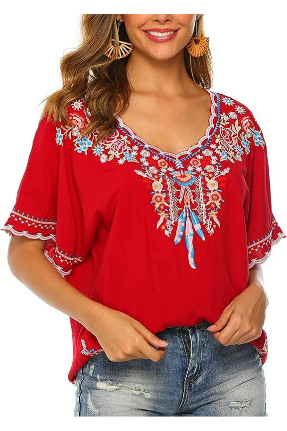 Women's Embroidered Tops Short Sleeve Shirts Traditional Pattern of Feathers and Flowers Ethnic Style Blouse
