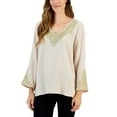 thumbnail image 1 of Women's Embroidered V-Neck 3/4-Sleeve Top Sugar Sand M, 1 of 1