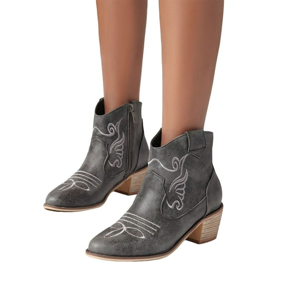 Women's Embroidered Western Ankle Cowboy Booties Classic Pointed Toe Vintage Cowgirl Boots Chunky Low Heel Dress Fall Boots Black Size 7