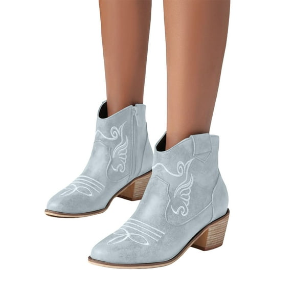 Women's Embroidered Western Ankle Cowboy Booties Classic Pointed Toe Vintage Cowgirl Boots Chunky Low Heel Dress Fall Boots Blue Size 6