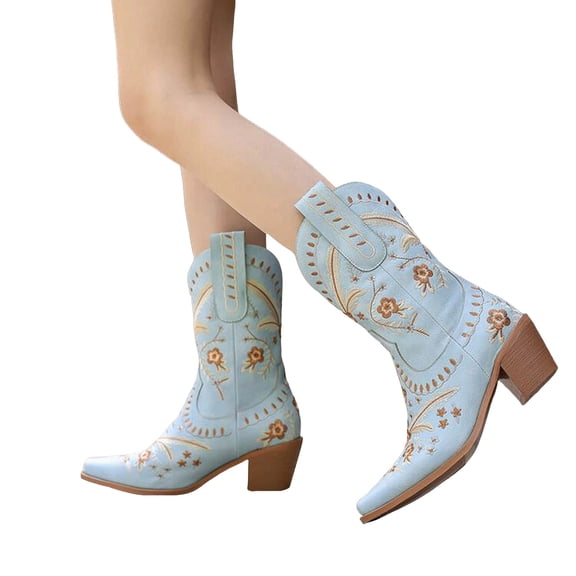 Women's Embroidered Western Cowboy Boots Pointed Toe Mid Calf Cowgirl Booties Knee Length Wide Calf Riding Boots Blue 6.5