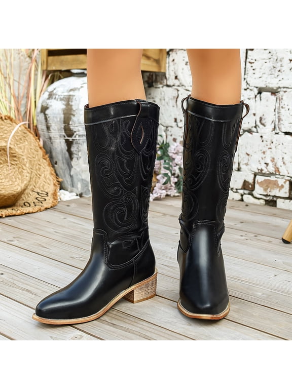 Women’s Embroidered Western Mid Calf Boots, Soft Shaft Chunky Heel Midsole Boots, Fashion Fall Winter Cowboy Style Tall Short Boots for Ladies Black 6.5