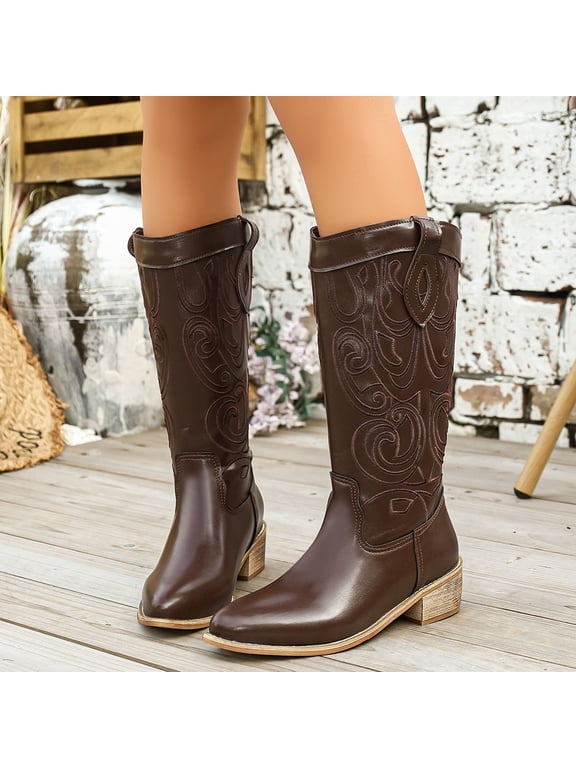Women’s Embroidered Western Mid Calf Boots, Soft Shaft Chunky Heel Midsole Boots, Fashion Fall Winter Cowboy Style Tall Short Boots for Ladies Brown 6