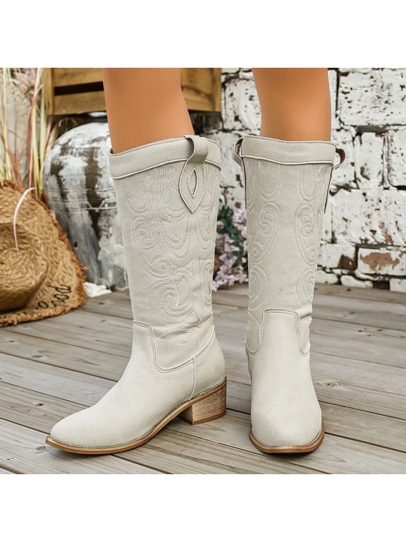 Women’s Embroidered Western Mid Calf Boots, Soft Shaft Chunky Heel Midsole Boots, Fashion Winter Cowboy Style Boots for Women White 6.5