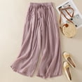 thumbnail image 1 of Women's Embroidered Wide Leg Pants, Cotton Linen Cropped Trousers with Elastic Drawstring Waist, Comfortable Breathable Summer Lounge Pants for Women Purple XXL, 1 of 3