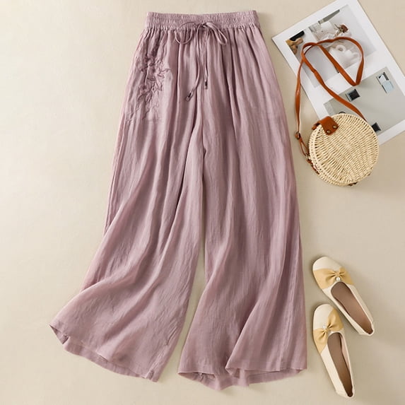 Women's Embroidered Wide Leg Pants, Cotton Linen Cropped Trousers with Elastic Drawstring Waist, Comfortable Breathable Summer Lounge Pants for Women Purple XXL