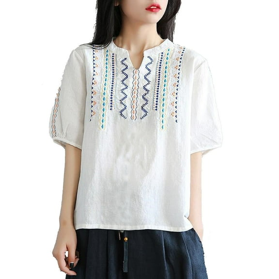 Women's Embroidery Boho Tops Mexican Bohemian V-Neck Short Sleeve Loose Tee Shirts Fashion Casual Dressy Blouses
