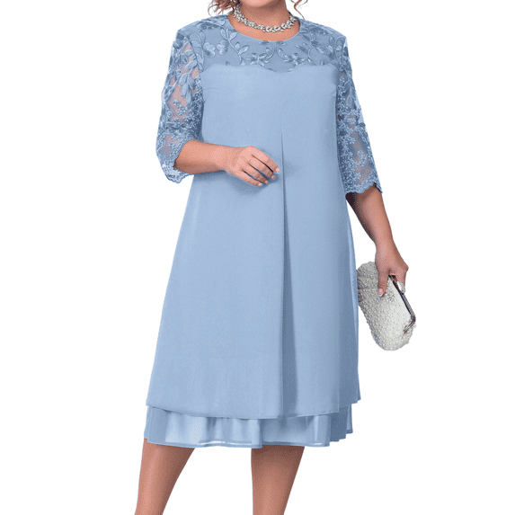 Women's Embroidery Chiffon Splicing Round Neck Five Sleeves Fashion Temperament Casual Plus Size Dresses
