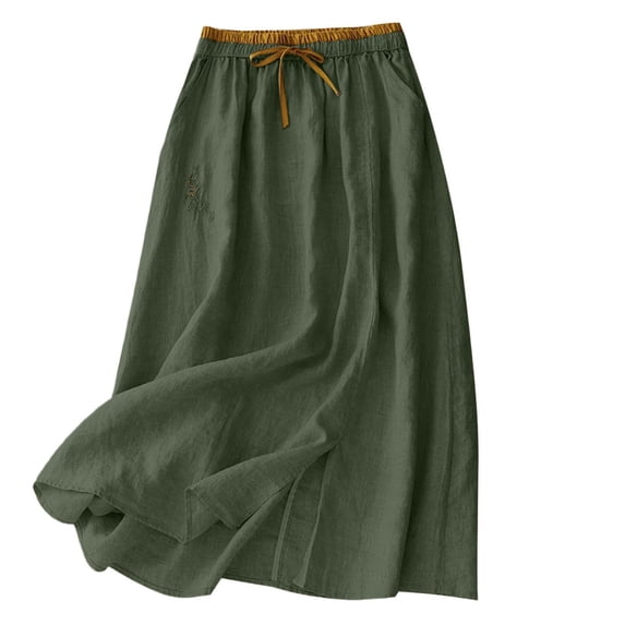 Women's Embroidery Cotton Linen Midi Skirts A Line Flowy Swing Elastic Waist Bohemian Skirt Casual Beach Party Skirt Dark Green L