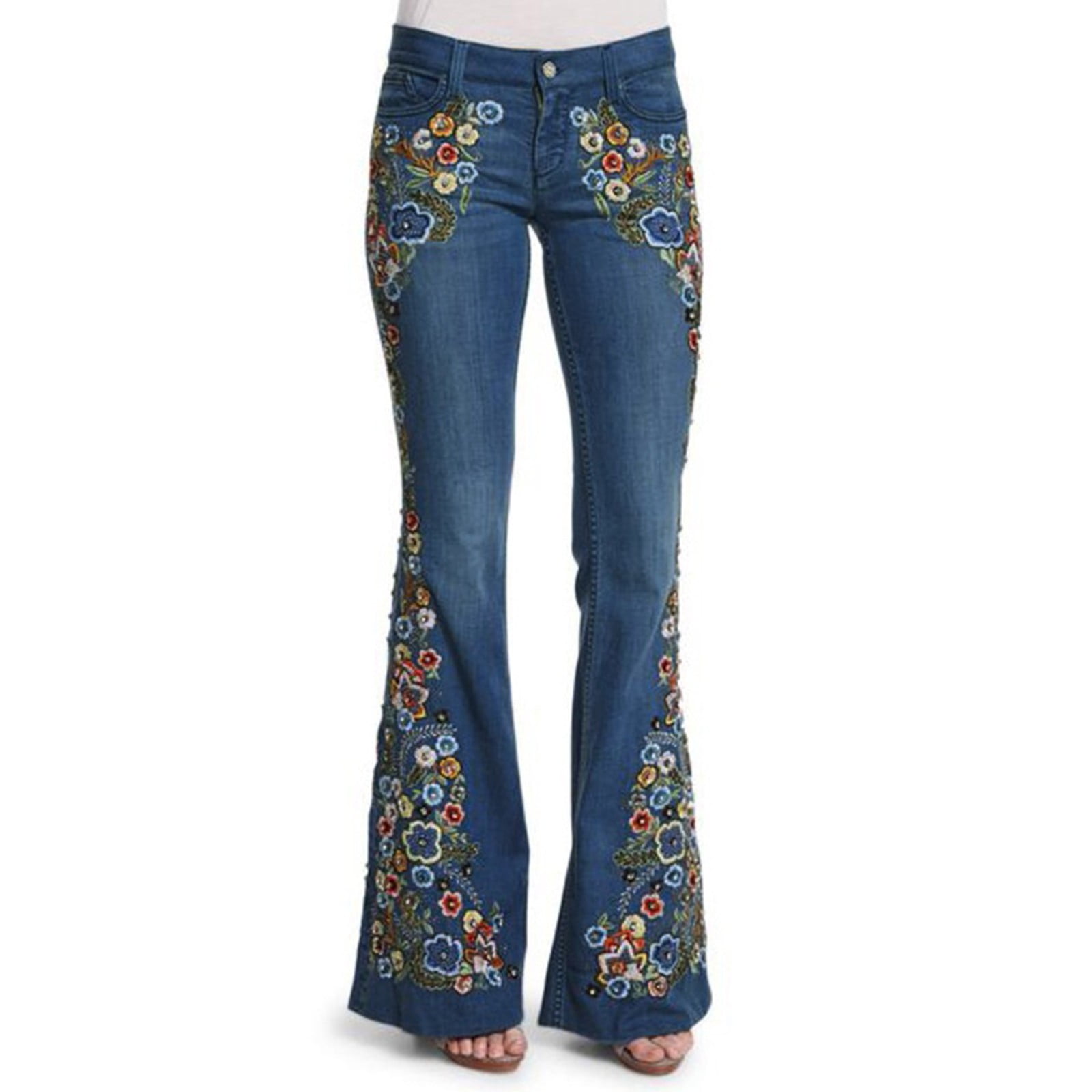 Women's Embroidery Floral Flared Jeans Casual Bell Bottom Long Denim Pants