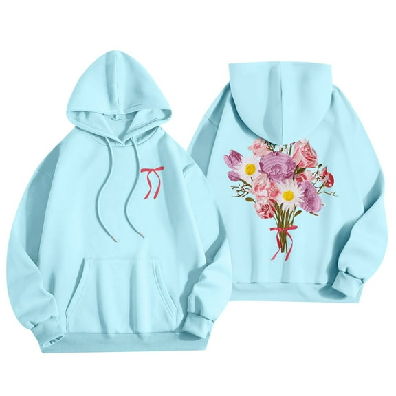 Women's Embroidery Hoodies for Teen Girls Floral Printed Graphic Drawstring Loose Fit Hooded Pullover Sweatshirt 02-Blue S