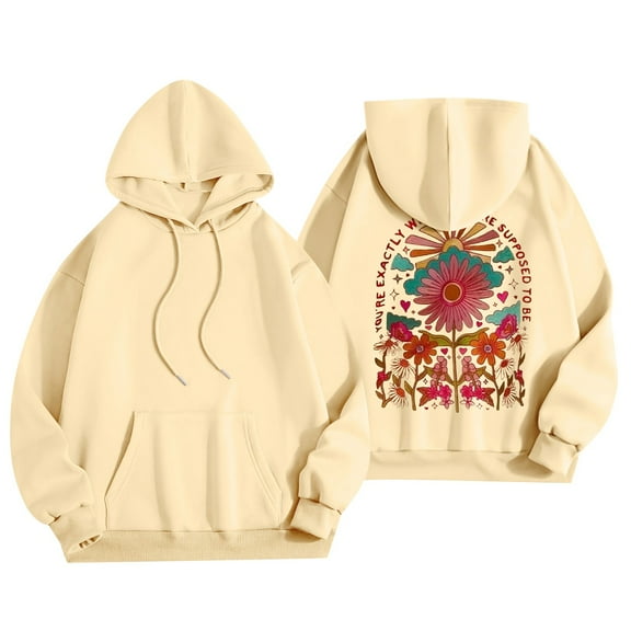 Women's Embroidery Hoodies for Teen Girls Floral Printed Graphic Drawstring Loose Fit Hooded Pullover Sweatshirt 07-Saffron S